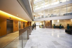 Inside a CBRE building foyer